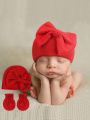 Red Big Bow Newborn Baby Hat, Photography Prop, Anti-scratch Gloves And Hat Set