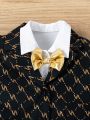 SHEIN 3pcs/Set Boys' Simple Fashionable Casual Gold Printed Gentleman Elegant Formal Suit Set