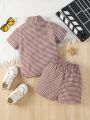 SHEIN Kids KDOMO 2pcs/Set Young Boys' Fashionable Plaid Short Sleeve Top And Shorts For Summer