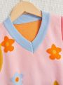 SHEIN Girls' Flower Jacquard V-Neck Casual Sweater Vest, Multicolor
