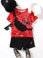 SHEIN Kids EVRYDAY Little Boys' Spider Print Short Sleeve T-Shirt And Shorts Set With Bag