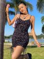 SHEIN WYWH Vacation Floral Print Drawstring Side Lace-Up Cami Dress