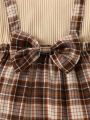 Baby Plaid Print Bow Front 2 In 1 Dress & Headband