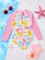 SHEIN Young Girl Knitted Dinosaur Pattern Round Neck Long Sleeve One-Piece Swimsuit