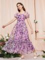 SHEIN Teen Girls Allover Floral Print Puff Sleeve Ruffle Hem Organza Dress