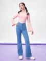 Teen Girl's Casual, Comfortable And Simple Ruffle Solid Color Bell Sleeve Top And Pants Set