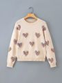 Teen Girls' Heart Pattern Drop Shoulder Sweater