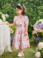 SHEIN Kids CHARMNG Tween Girl Stand Collar Ruffle Decorated Shirt And Skirt Set With Floral Print