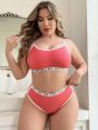 Plus Size Color Block Letter Print Bralette And Underwear Set With Weaved Straps (For Music Festival)