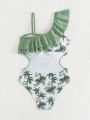 Tween Girls' One-Piece Swimsuit With Ruffle Trim, Cutout Waistband And Tropical Print