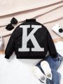 SHEIN Kids EVRYDAY Toddler Boys' Casual Loose Fit Embroidered Letter Pattern Thicken Fleece Jacket