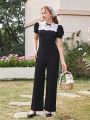 Teen Girl Knitted Patchwork Lace Decor Bowknot Puff Sleeve Casual Jumpsuit
