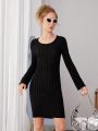 Teen Girls' Solid Color Ribbed Knitted Sweater Dress