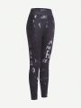 Teen Girls' Stretchy High-Waisted Slim Fit Leggings With Dark Floral Pattern, Comfortable And Solid Black