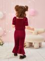 Baby Girl'S Heart Printed Puff Sleeve Top Micro-Flared Pants Casual Suit