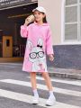 SHEIN Tween Girls' Knitted Hooded Cartoon Rabbit Pattern Loose Casual Sweater Dress