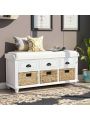 Rustic Storage Bench with 3 Drawers and 3 Rattan Baskets, Shoe Bench for Living Room, Entryway