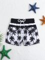 Baby Boy Coconut Tree Striped & Printed Woven Fabric Beach Swimwear Shorts