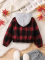 SHEIN Kids EVRYDAY Girls' Casual Red & Black Plaid Hooded Cropped Zipper Jacket For Spring And Autumn