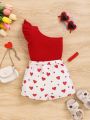 SHEIN Baby Girls' Casual Red Knitted One-shoulder Vest Top With Heart Pattern Belted Shorts Set