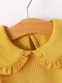 Infant Girls' Spring And Autumn Net Color Ribbed Knit Peter Pan Collar Long Sleeve Skin-friendly Comfortable T-shirt 3pcs Set