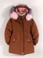 Tween Girls' Long Woolen Coat With Fur Collar
