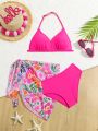 Tween Girls' Solid Color Halter Bikini Set And Floral Print Swimsuit Skirt