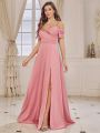 SHEIN Belle Adult Bridesmaid Dress With Spaghetti Straps, Off Shoulder Design, Sparkly Sequin Accents, Front Criss-Cross Pleating And High Side Slits