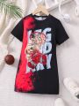 SHEIN Kids Cooltwn Toddler Girls' Cool Clash Color Bear & Large Letter Print Short Sleeve T-Shirt Dress For Spring And Summer