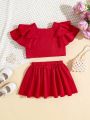 SHEIN Baby Girl Casual Solid Color Double Layered Ruffle Sleeve Short Top And Skirt Set