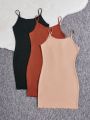 SHEIN Teenage Girls' Knitted Solid Color Ribbed Strappy Dress Three Pieces Set