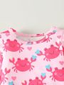 Baby Girls' Round Neck Pink Crab Pattern Home Clothes