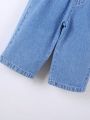 Baby Girl Vintage & Cute Elastic Waist Flower Bud Design Wide Leg Jeans With Soft Washed Denim, Light Blue