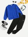 SHEIN Kids EVRYDAY Boys' Chapter Detail Hoodie And Sports Pants Two-piece Set