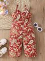 Baby Girls' Jumpsuit With Cashew Nut Print And Suspender Straps