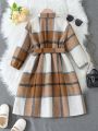 SHEIN Kids EVRYDAY Little Girls' Plaid Turn-Down Collar Long Sleeve Dress With Button Placket, Belted, All-Match Style