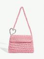 SHEIN ICON Metal Heart Decor Crochet Flap Shoulder Bag