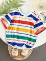 SHEIN Kids KDOMO 1pc Young Boy's Casual, Comfortable, Fashionable, Simple, Versatile, Soft, Loose, Breathable & Colorful Striped Short Sleeve T-Shirt Suitable For Spring And Summer