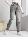 SHEIN Teenage Girls' Casual Slim Fit Asymmetric Ripped Jeans