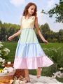 SHEIN Teen Girls Colorblock Striped Tiered Layer Cami Dress