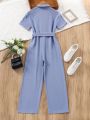 SHEIN Kids HYPEME Tween Girls' Casual Street Style Solid Color Woven Short Sleeves Jumpsuit For Spring And Summer