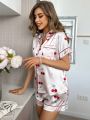 Contrast Color Cherry Print Short Sleeve Shirt And Shorts Set With Imitation Silk Edging For Sleepwear