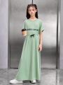 SHEIN Kids Nujoom Little Girls' Loose, Vintage Style Round Neck Long Letter Print Dress