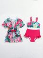Baby Girl Tropical Print Ruffle Trim Bikini Swimsuit With Kimono