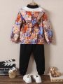 SHEIN Kids QTFun Young Boy Bear Print Thermal Lined Hooded Coat Without Sweater