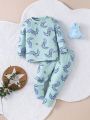 Baby Boys' Cute Dinosaur Printed Long Sleeve Top And Pants Set For Home Wear
