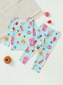 Baby Girls' Cute Full Print Long Sleeve T-Shirt And Skinny Pants Tight Fit Pajama Set, Casual 2pcs