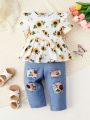 SHEIN Baby Girls' Casual Sunflower Pattern Short Sleeve Top And Jeans Pattern Long Pants Set