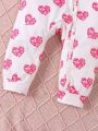 Baby Girls' Heart Print Casual Jumpsuit For Spring And Summer