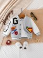 Boys' Casual Grey Jacket With Irregular Embroidered Flower Design For Spring And Autumn